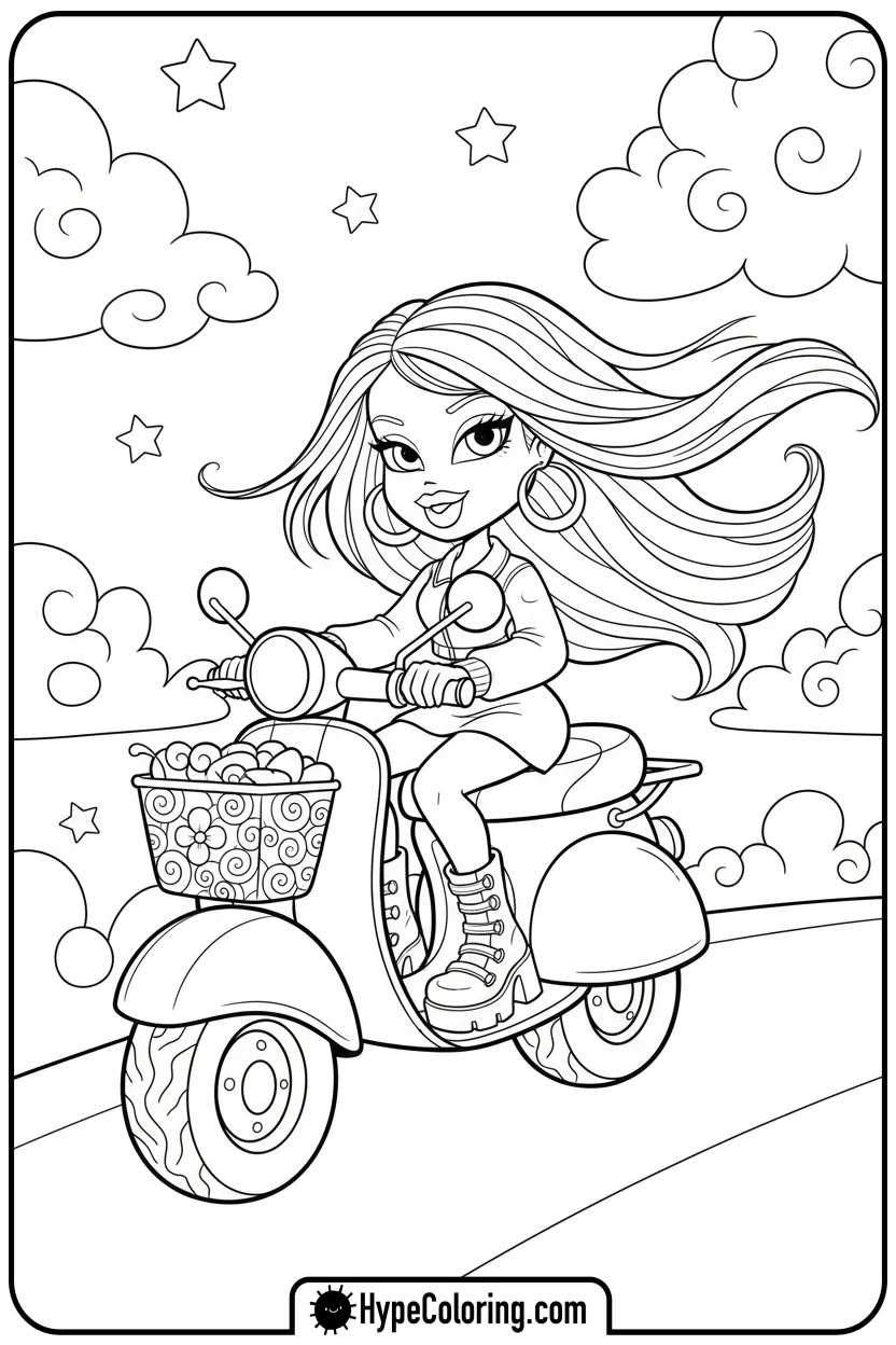 bratz-character-riding-a-scooter - bratz coloring pages