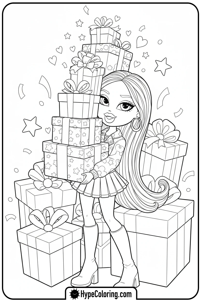 bratz-character-carrying-gifts - bratz coloring pages