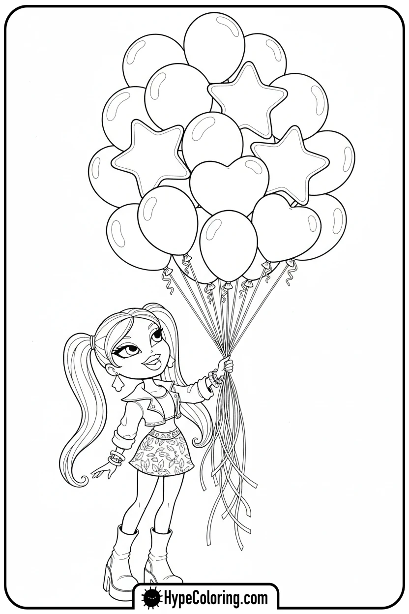 bratz-character-holding-balloons - bratz coloring pages