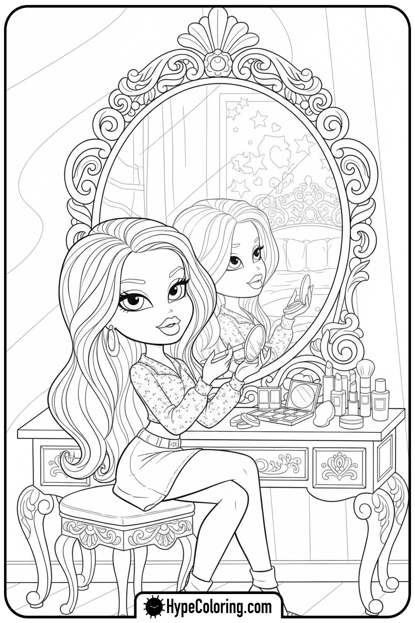 bratz-character-doing-makeup - bratz coloring pages