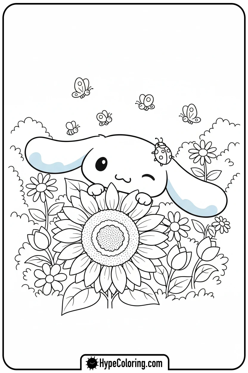 cinnamoroll-peeking-from-sunflower - cinnamoroll coloring pages