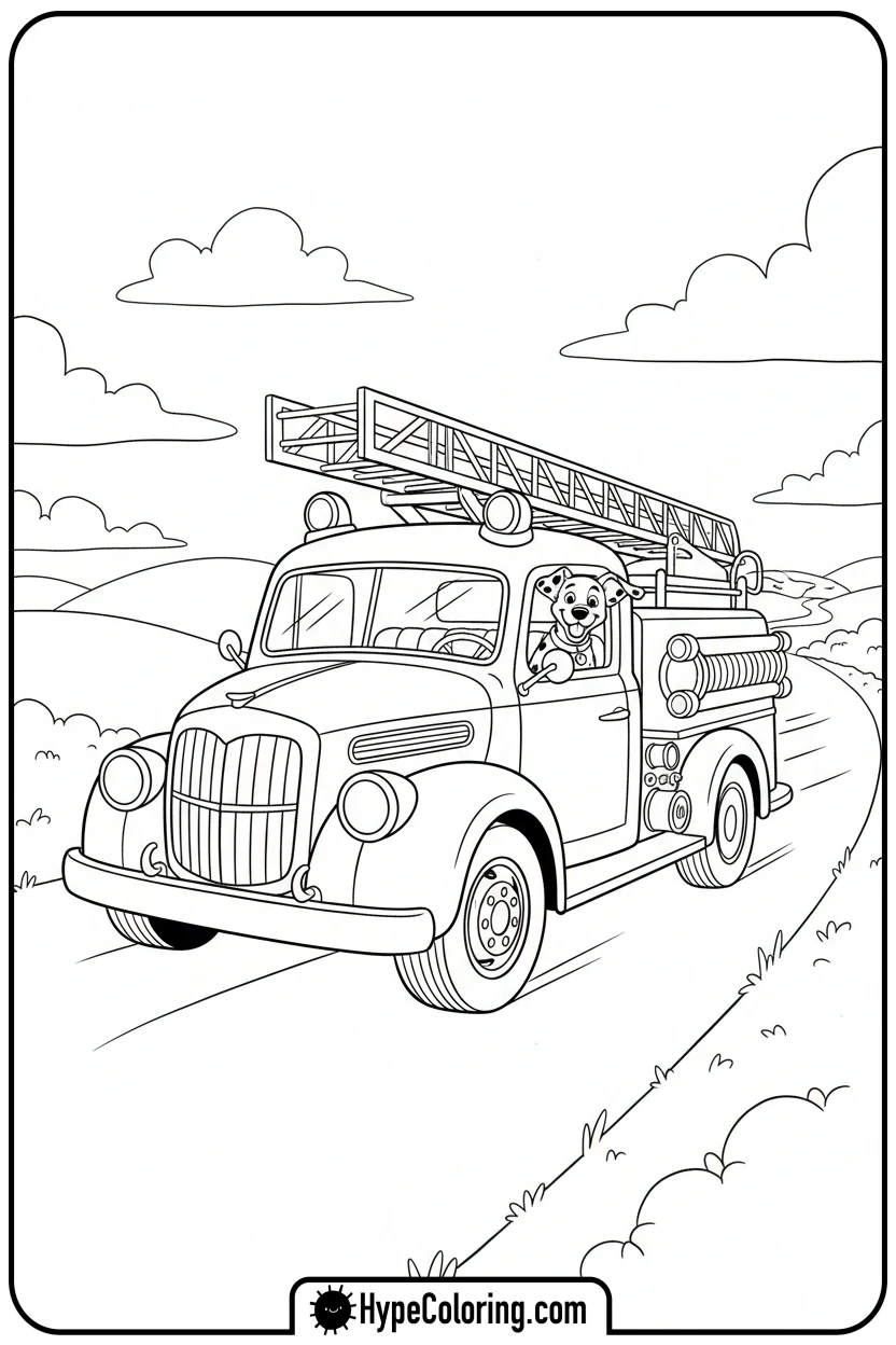 fire-truck-with-dalmatian-driving - fire truck coloring page