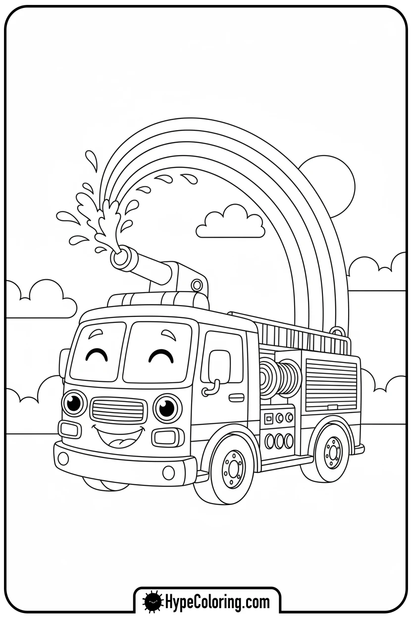 fire-truck-spraying-rainbow-water - fire truck coloring page
