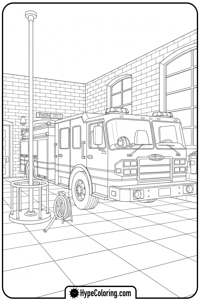 fire-truck-in-fire-station - fire truck coloring page