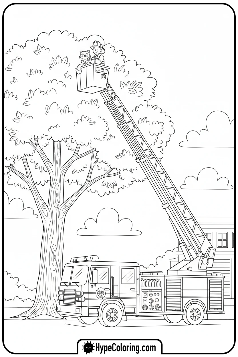 fire-truck-rescuing-cat-from-tree - fire truck coloring page