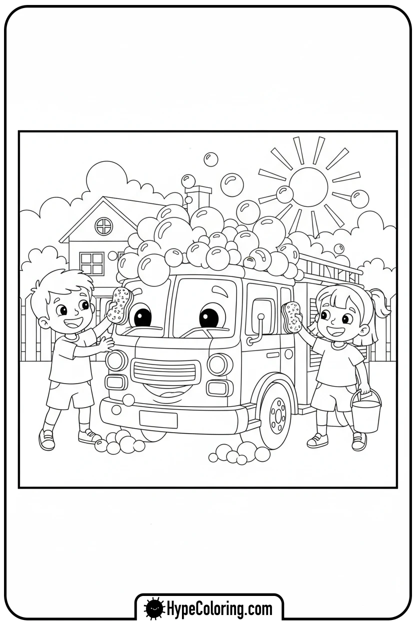 fire-truck-getting-a-bubbly-wash - fire truck coloring page