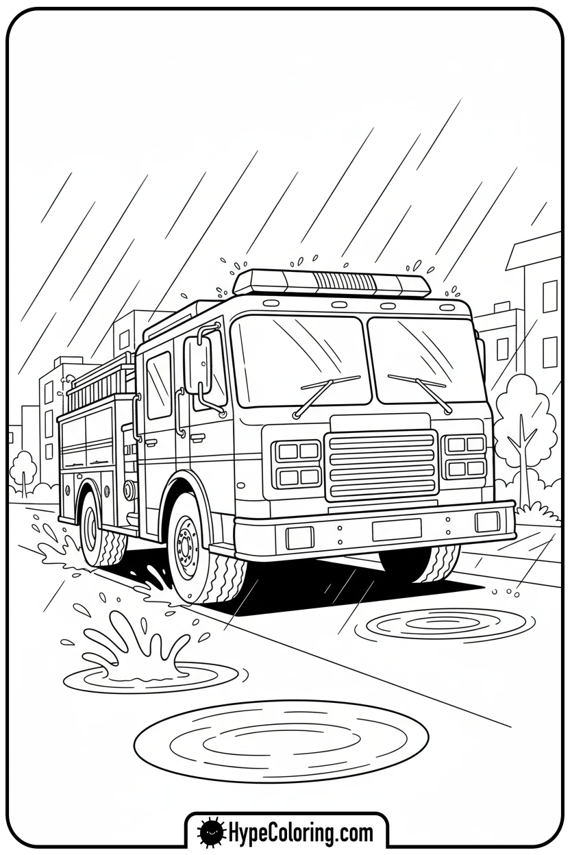 fire-truck-driving-in-rain - fire truck coloring page