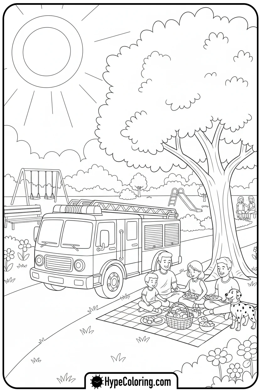 fire-truck-at-picnic - fire truck coloring page