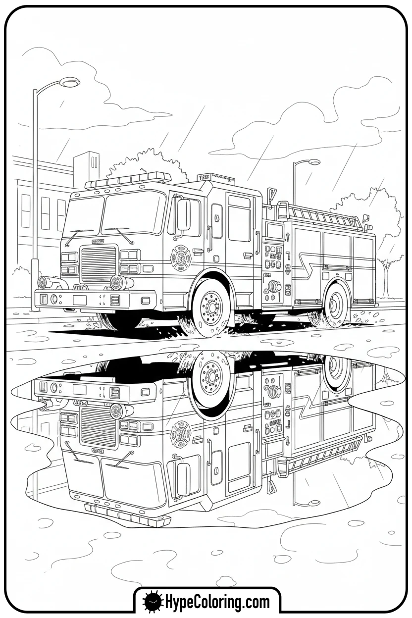 fire-truck-reflection-in-puddle - fire truck coloring page