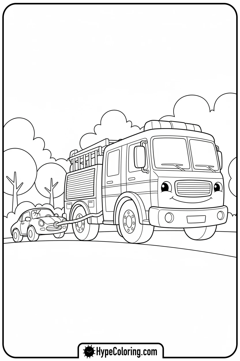 fire-truck-towing-toy-car - fire truck coloring page