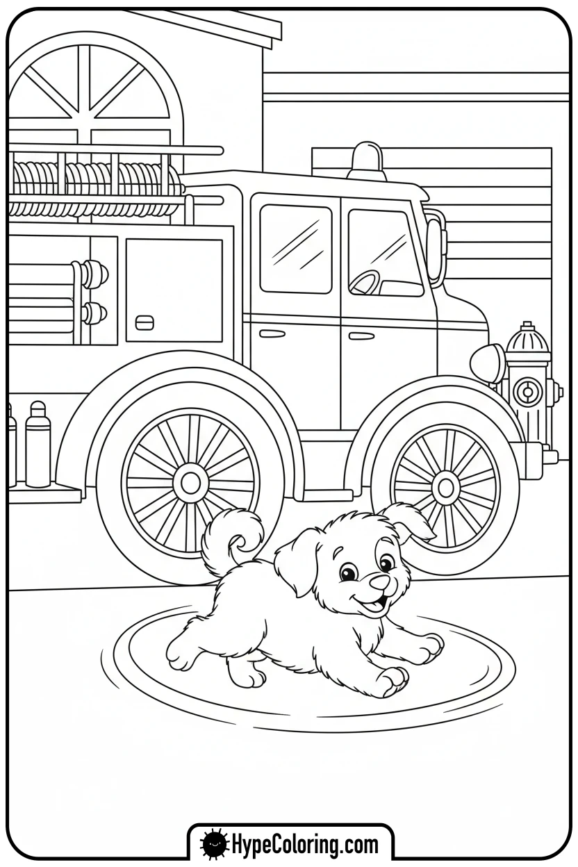 fire-truck-with-puppy - fire truck coloring page
