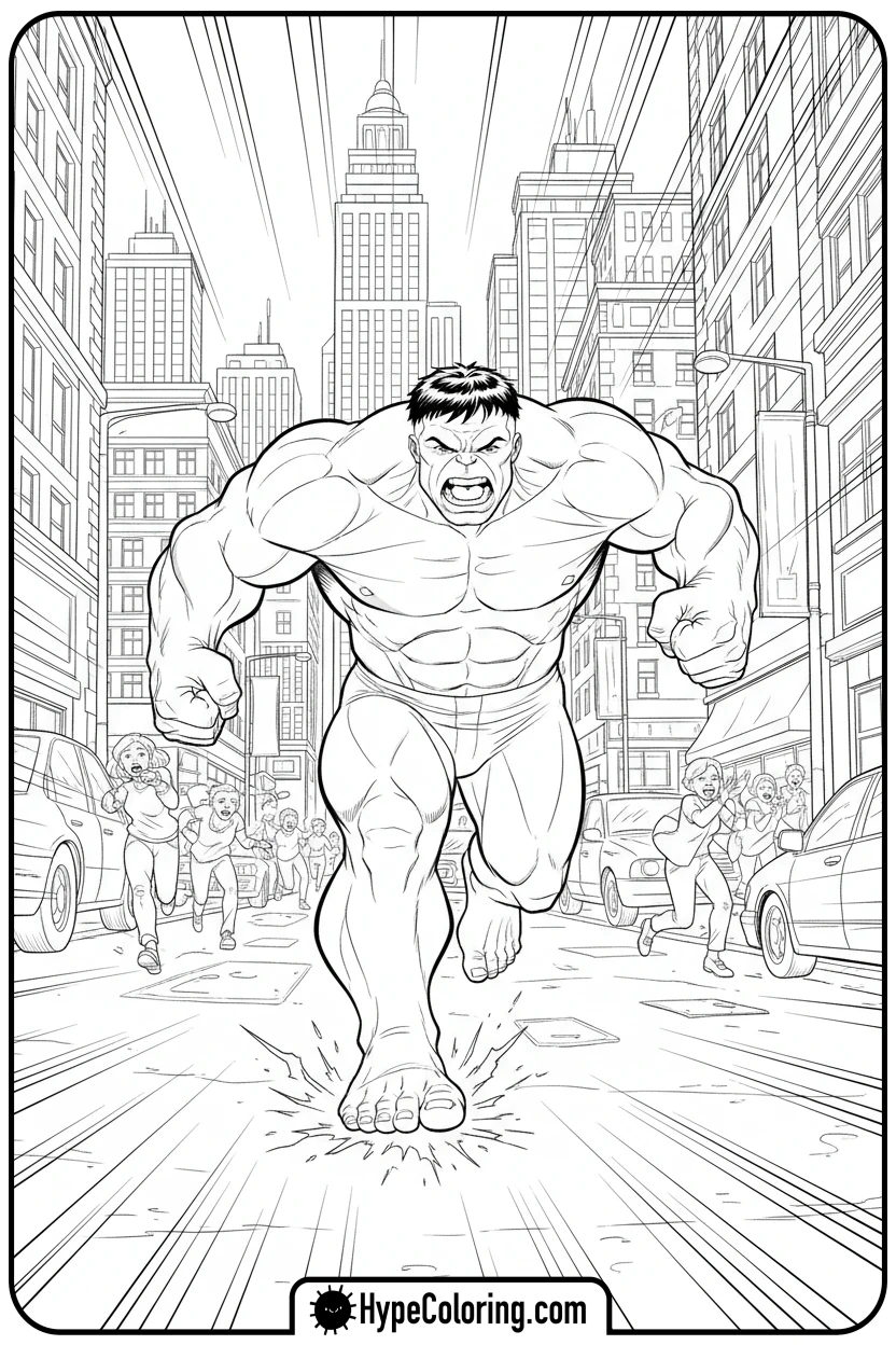 hulk-running-through-city - hulk coloring pages​