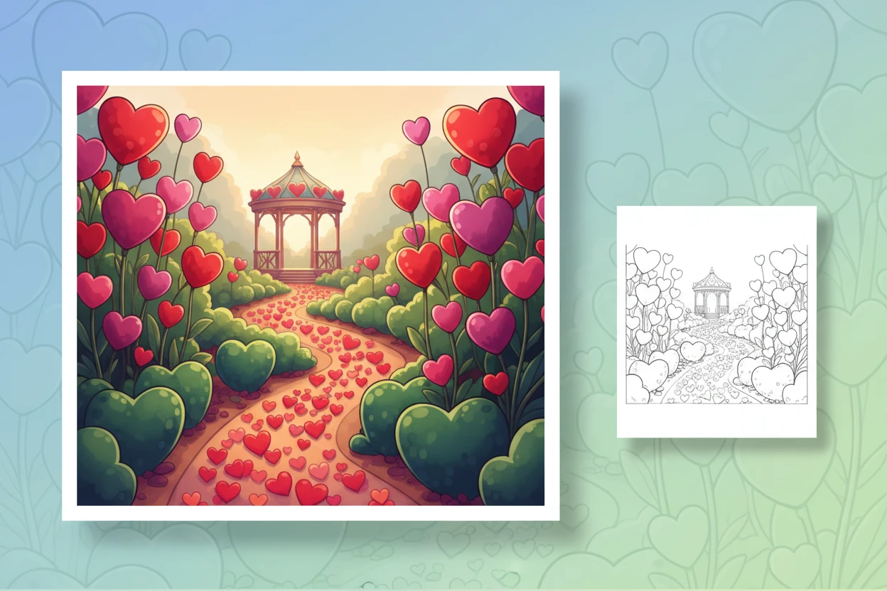 a-whimsical-garden-scene-with - cute valentine coloring pages