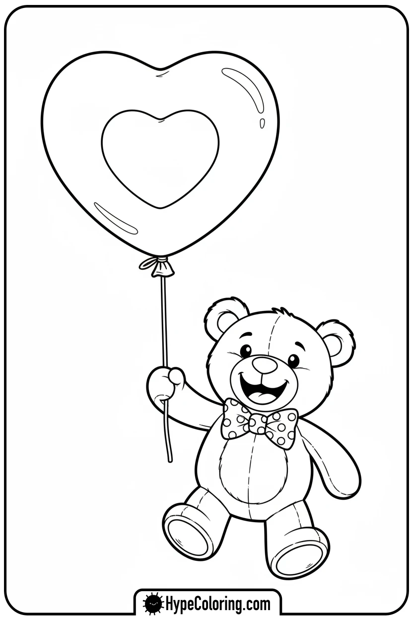 teddy-bear-holding-heart-balloon - cute valentine coloring pages