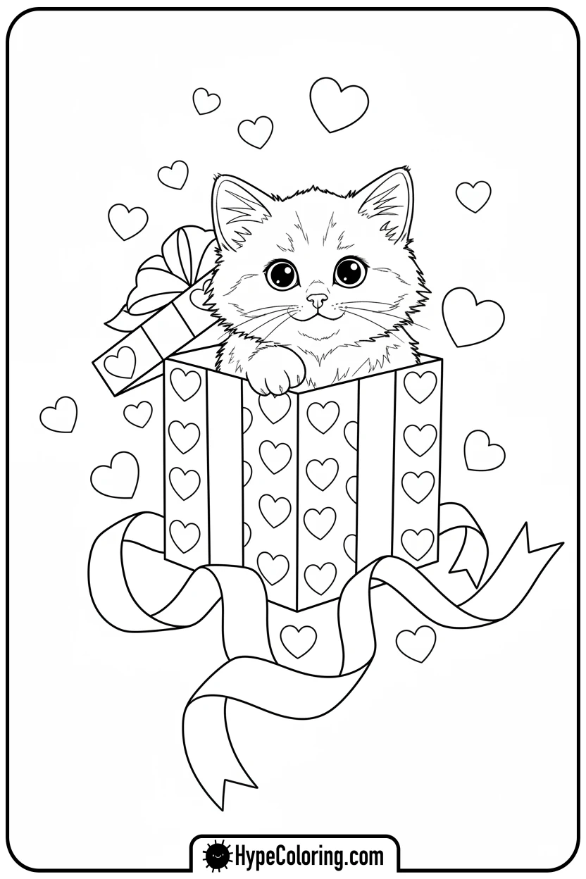 kitten-in-heart-gift-box - cute valentine coloring pages