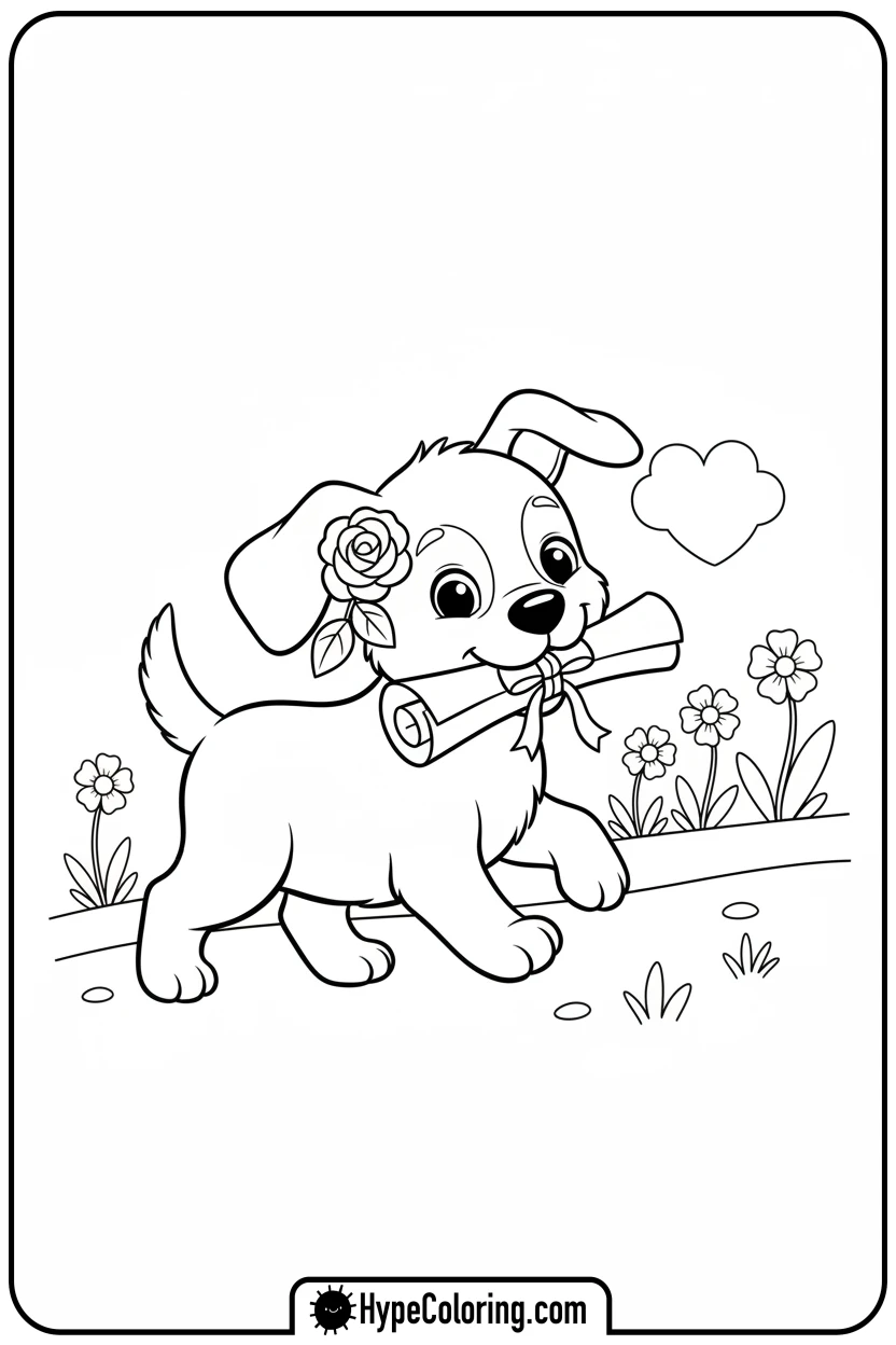 puppy-delivering-love-letter-and-rose - cute valentine coloring pages