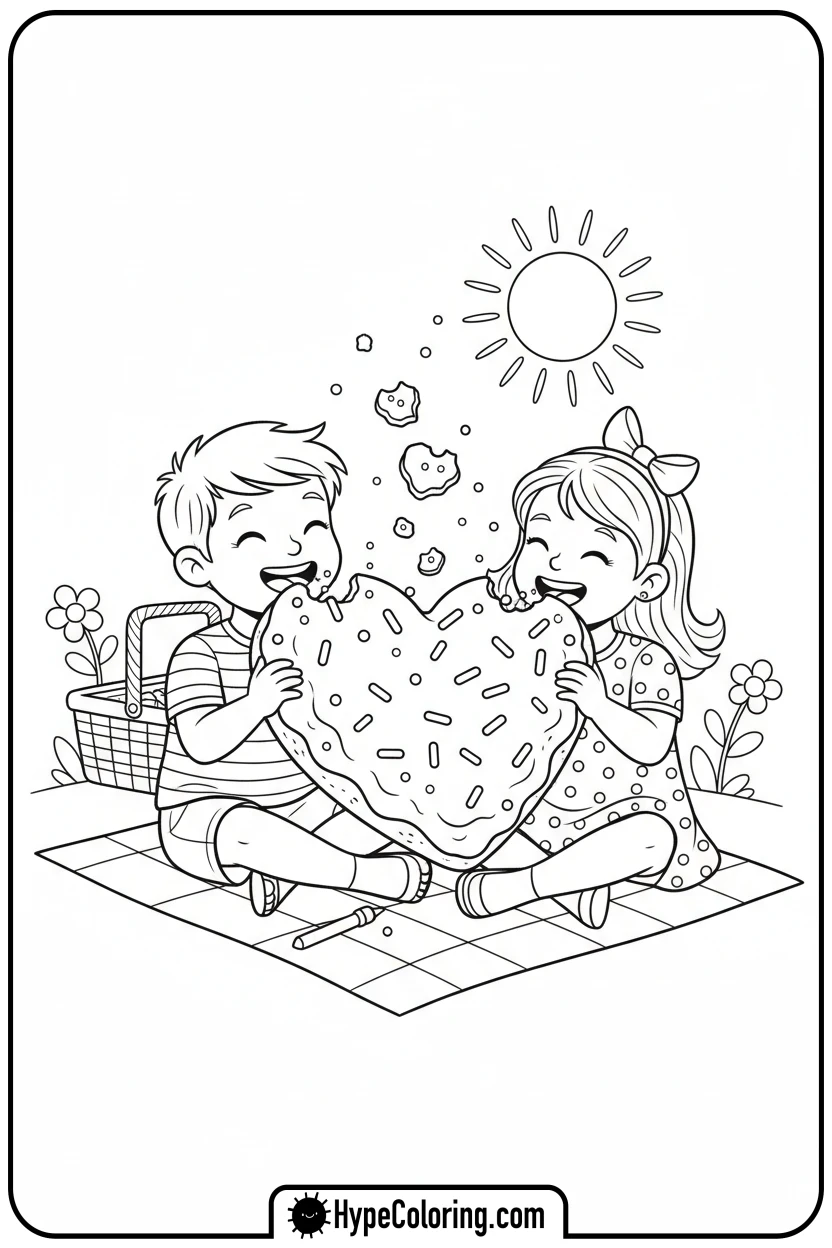kids-sharing-heart-cookie - cute valentine coloring pages