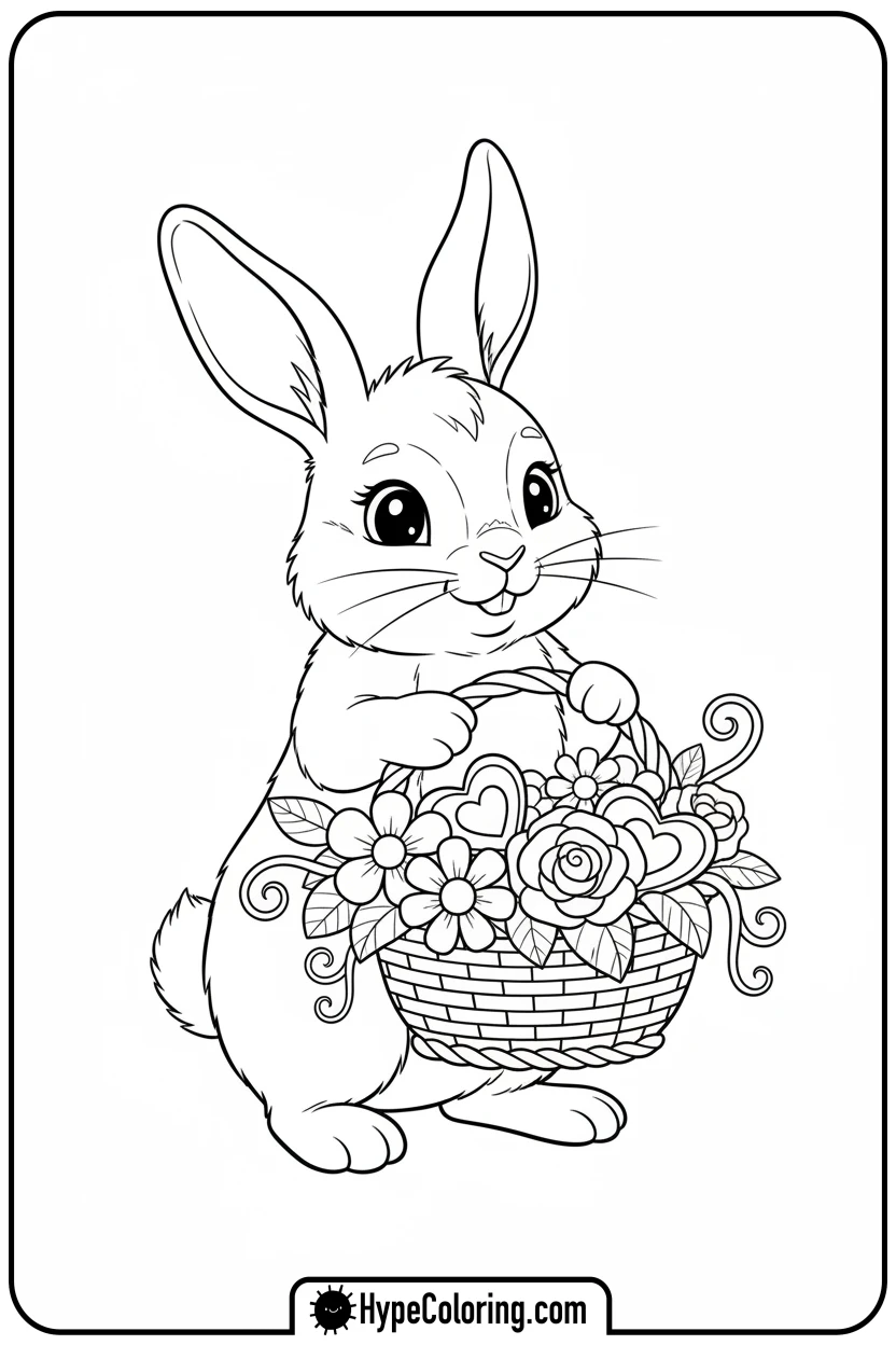 rabbit-holding-flower-basket - cute valentine coloring pages
