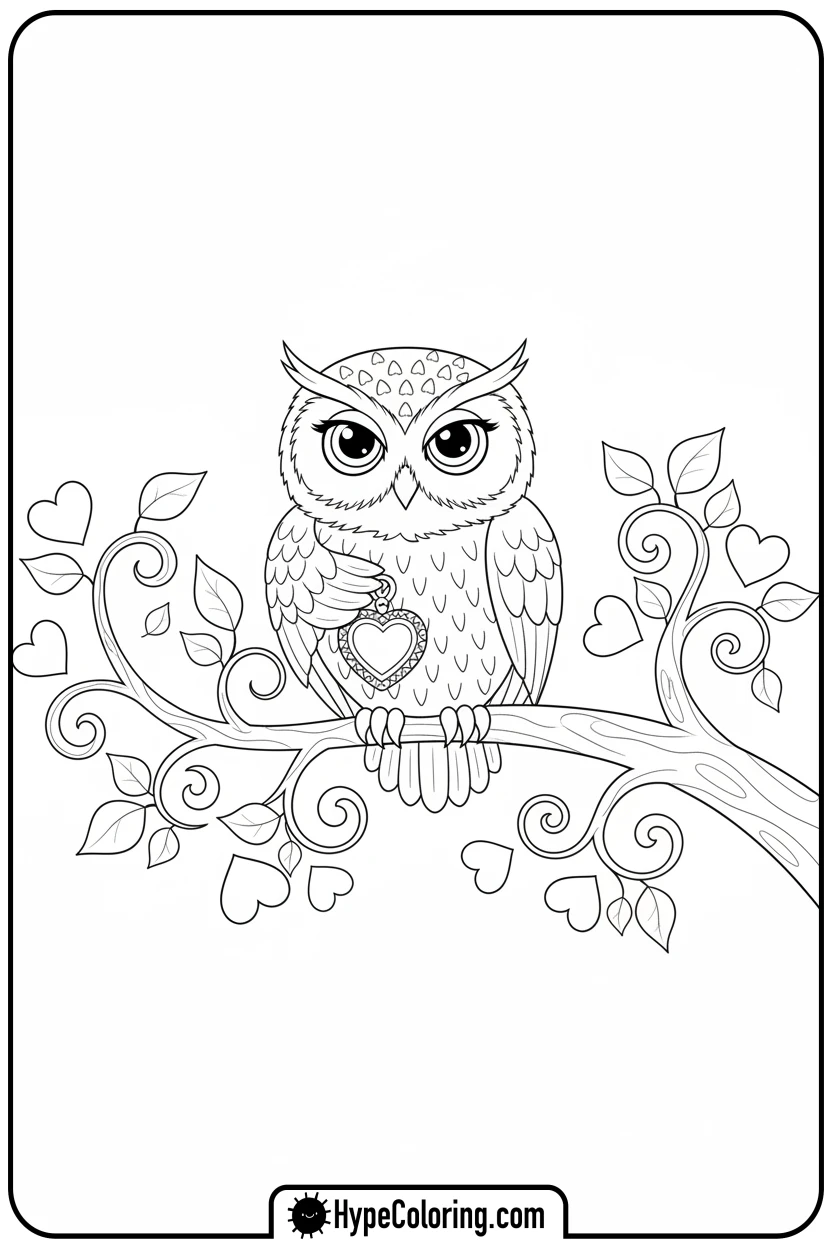 owl-with-heart-locket - cute valentine coloring pages
