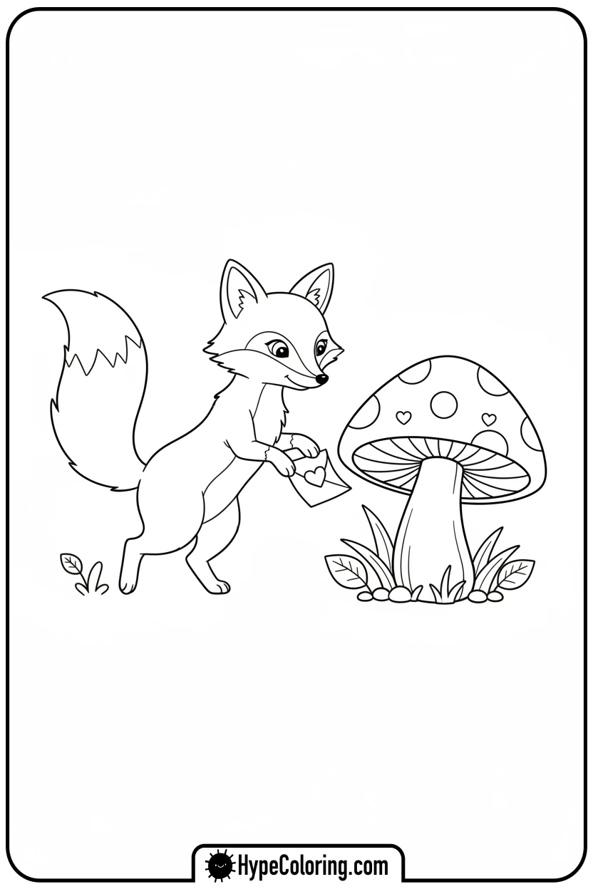 fox-placing-secret-heart-note - cute valentine coloring pages
