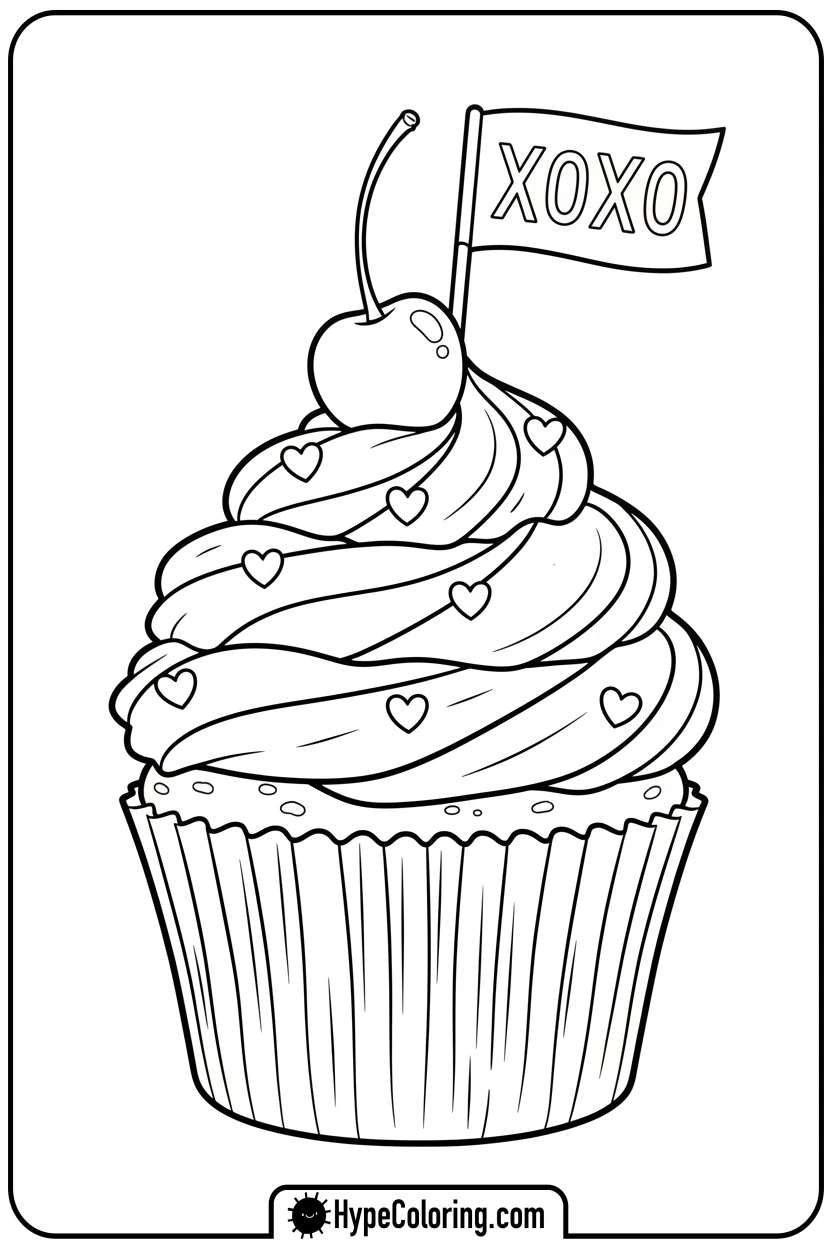 valentine-cupcake-with-hearts - cute valentine coloring pages