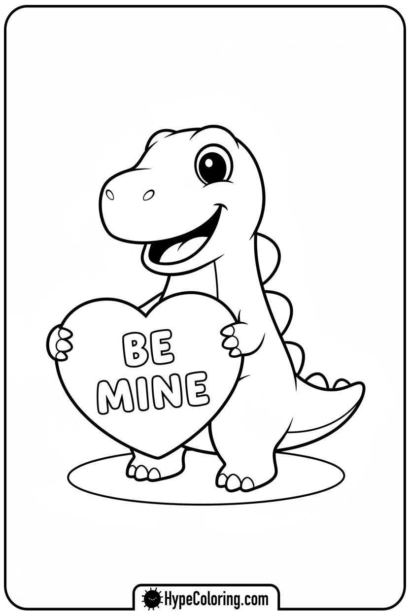 dinosaur-holding-be-mine-sign - cute valentine coloring pages