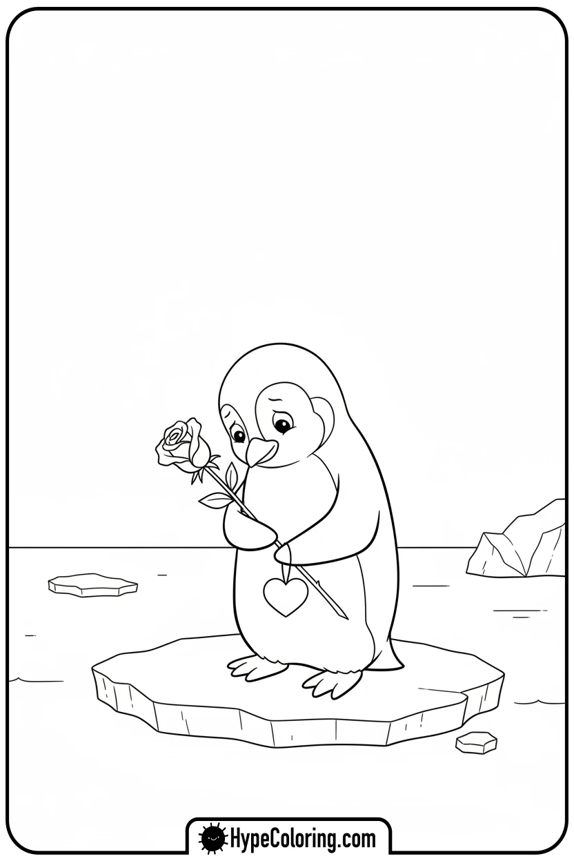 penguin-holding-a-single-rose - cute valentine coloring pages