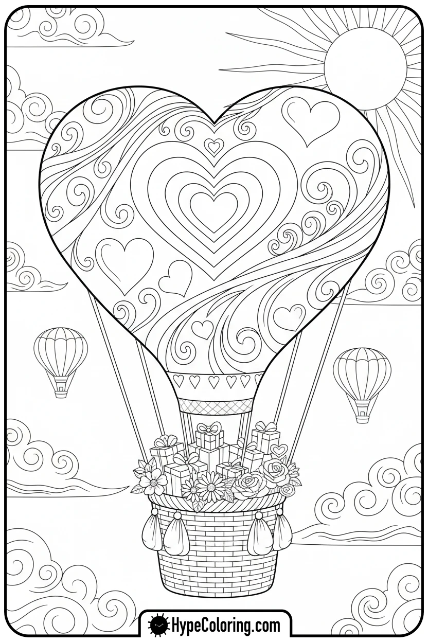 heart-shaped-hot-air-balloon - cute valentine coloring pages