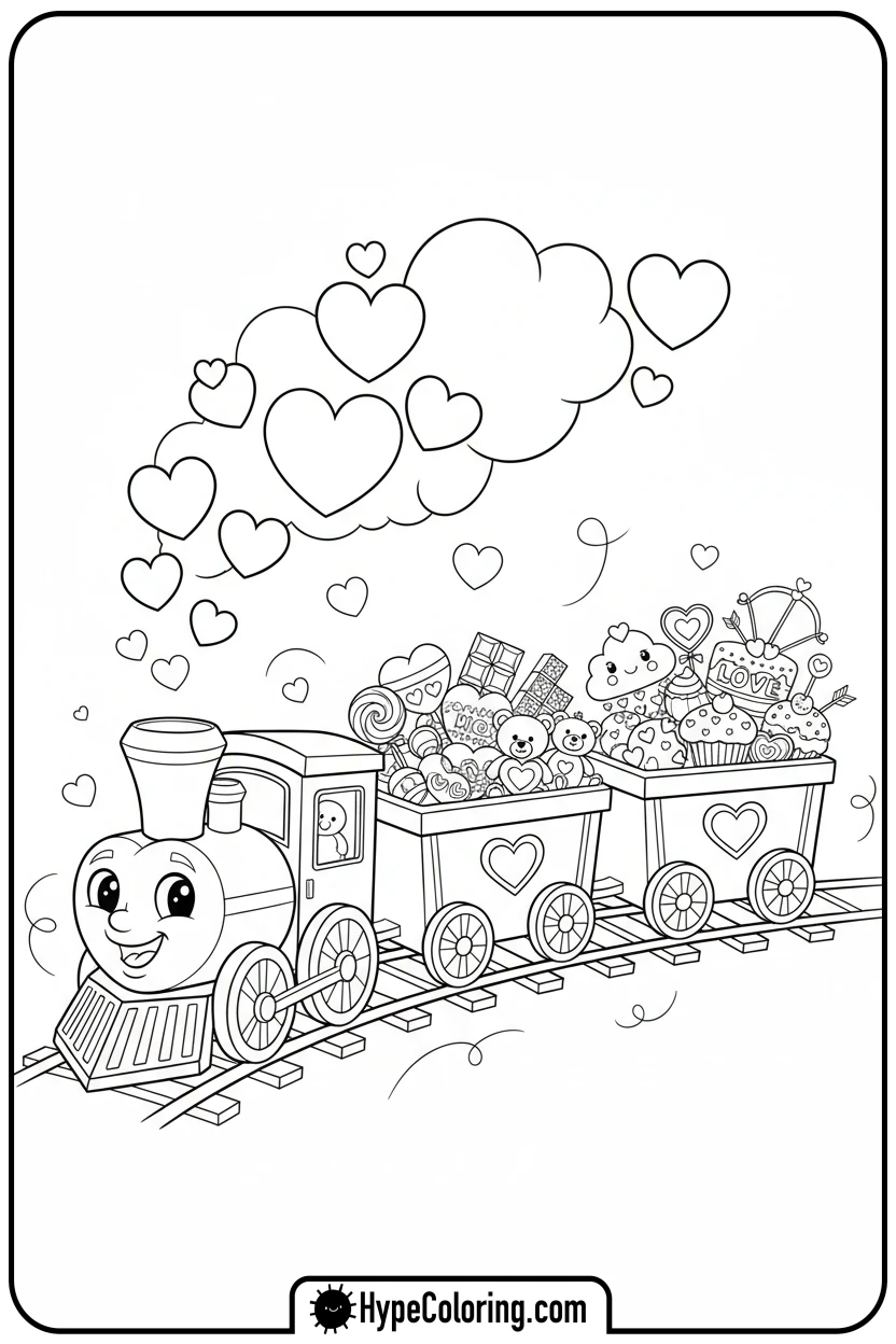 valentine-train-with-sweets - cute valentine coloring pages