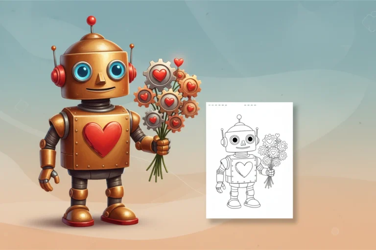 a-friendly-retro-style-robot-with - valentine coloring pages for adults
