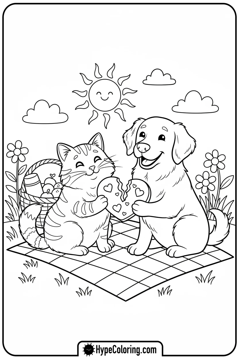 cat-and-dog-sharing-cookie - valentine coloring pages for adults
