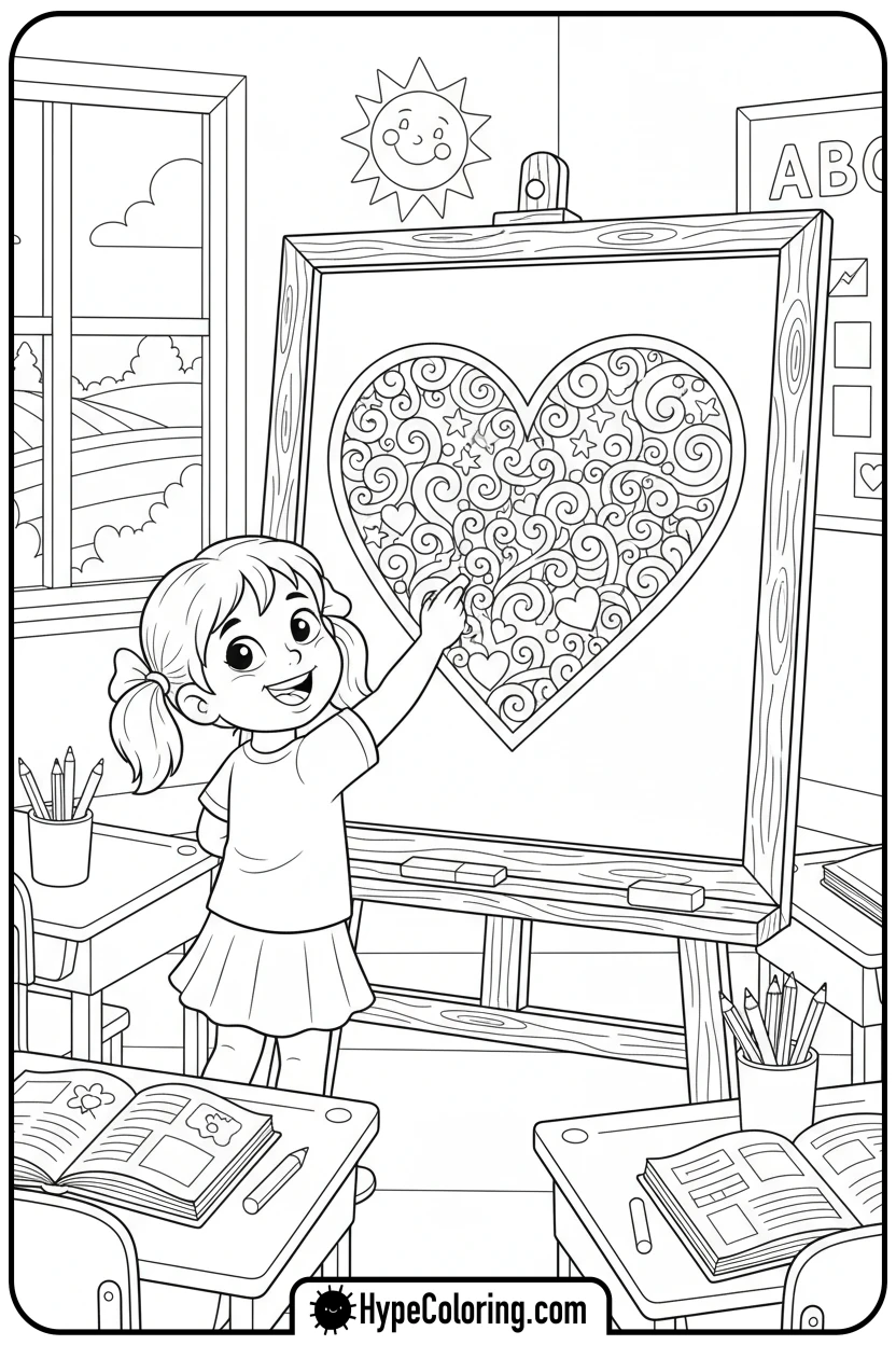 girl-drawing-heart - valentine coloring pages for adults