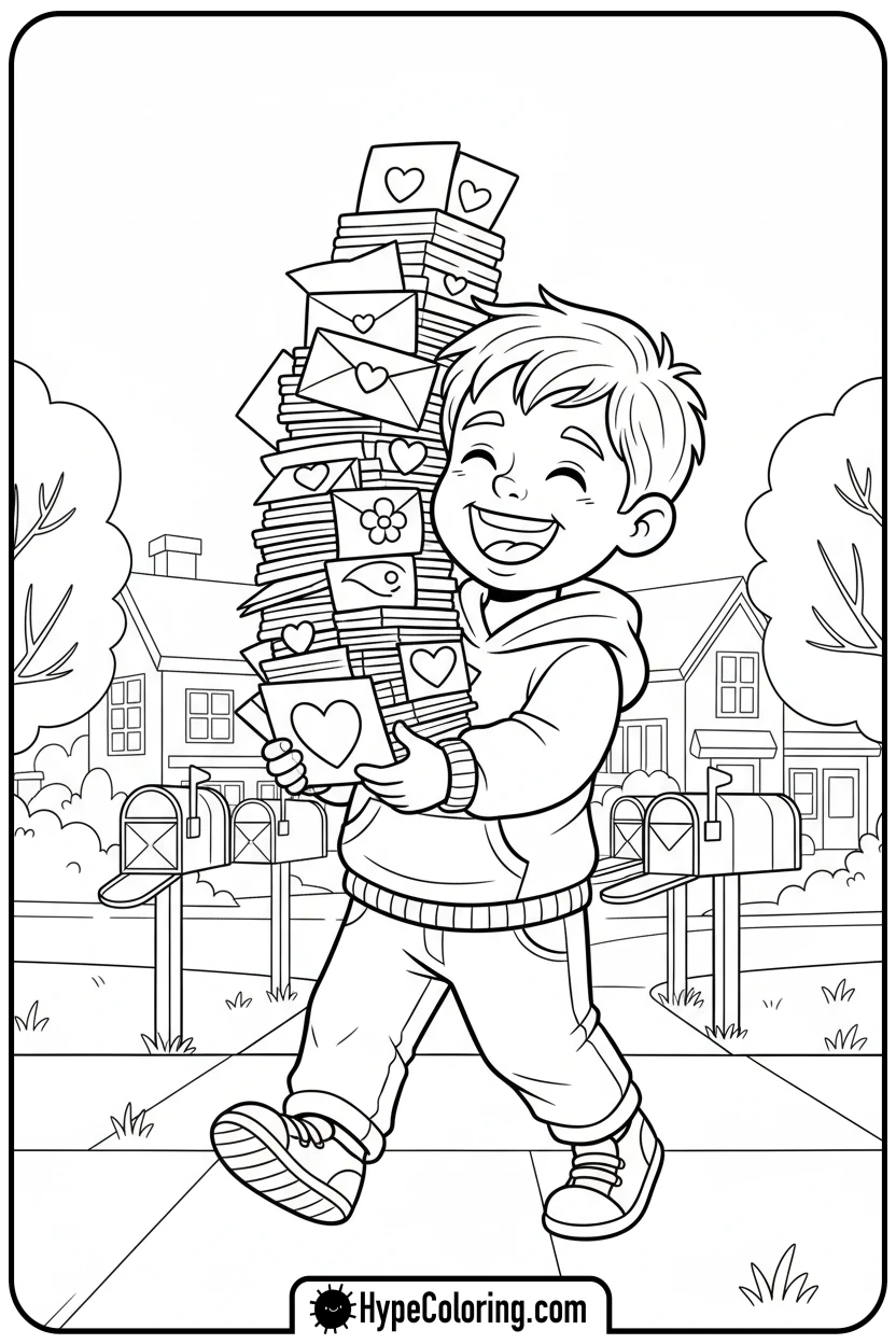 boy-delivering-cards - valentine coloring pages for adults