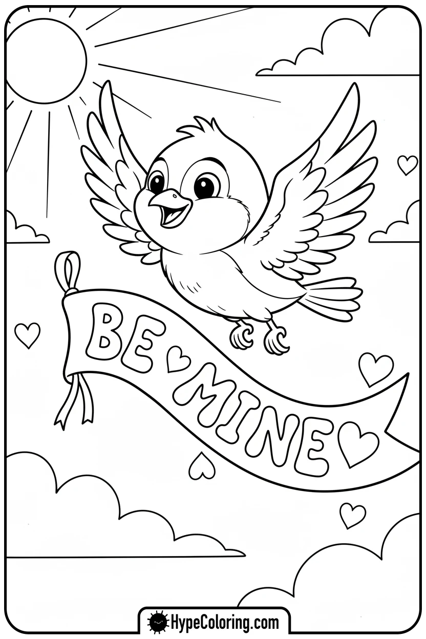 bird-with-be-mine-banner - valentine coloring pages for adults