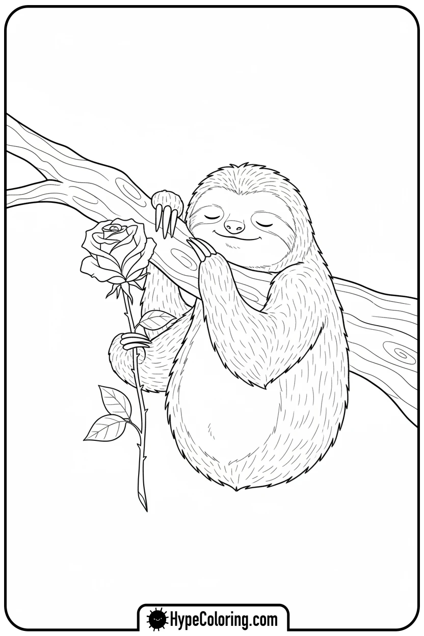 sloth-holding-rose - valentine coloring pages for adults
