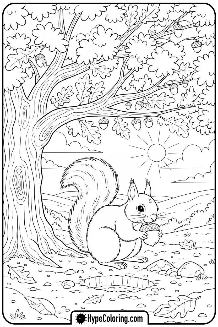 squirrel-burying-heart-acorn - valentine coloring pages for adults