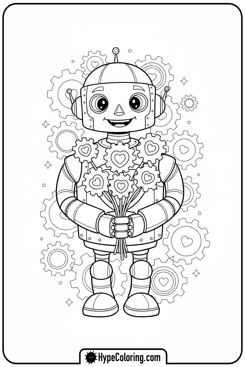 robot-with-heart-flowers - valentine coloring pages for adults