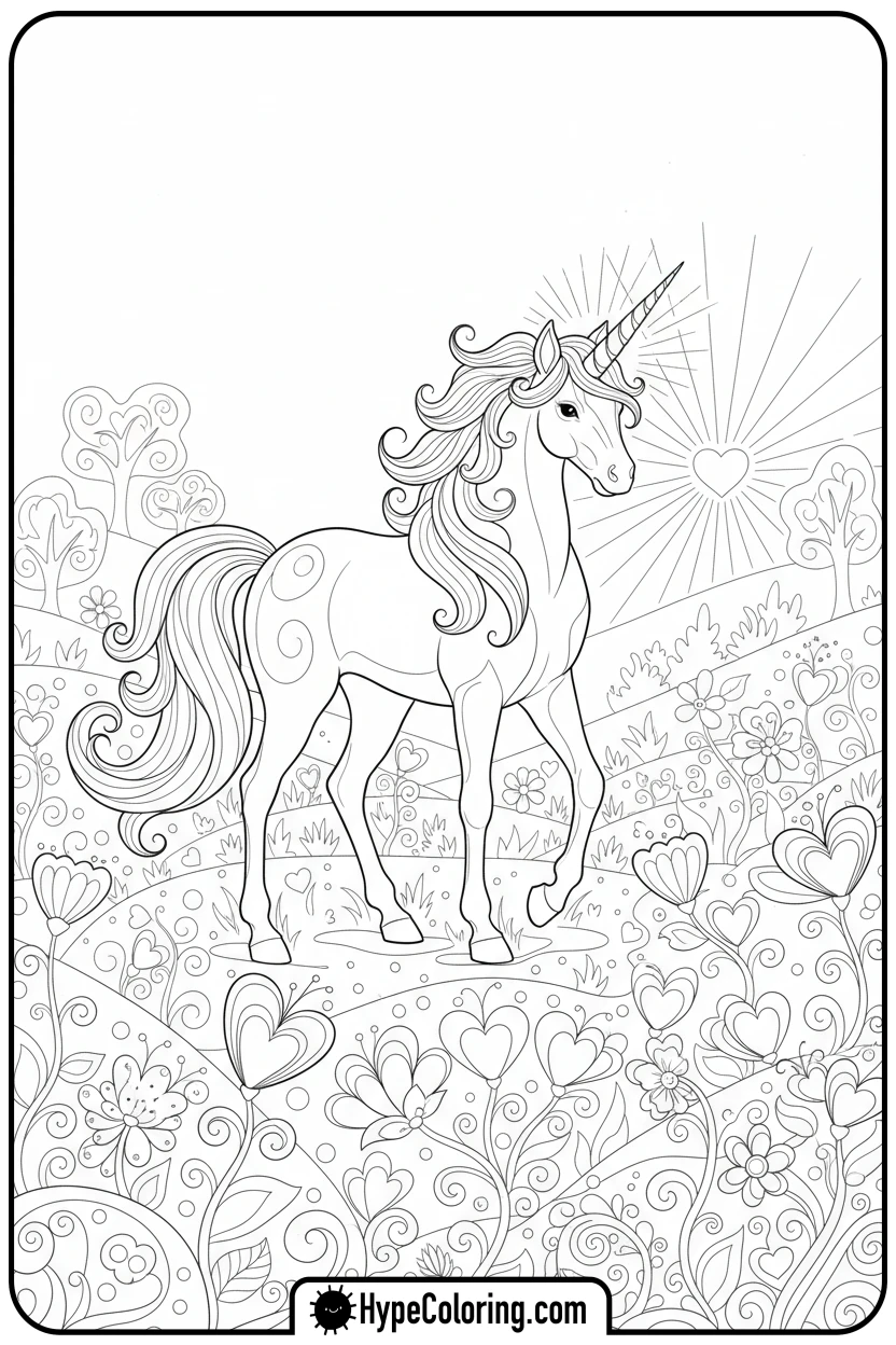 unicorn-in-heart-meadow - valentine coloring pages for adults