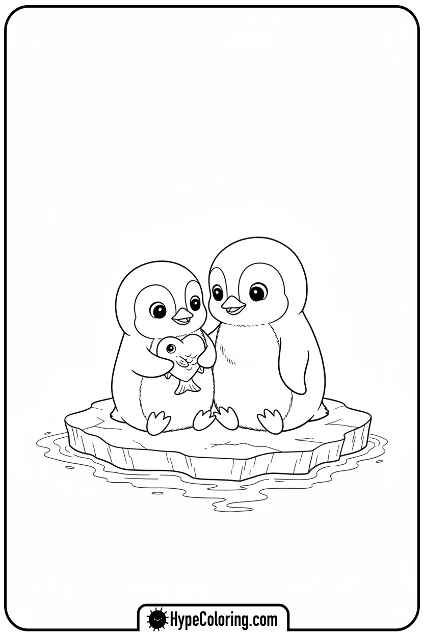 penguins-sharing-heart-fish - valentine coloring pages for adults