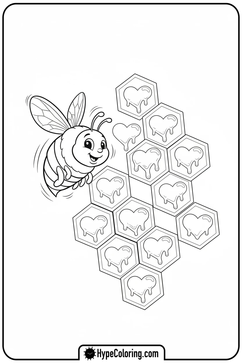 bee-with-heart-honeycomb - valentine coloring pages for adults
