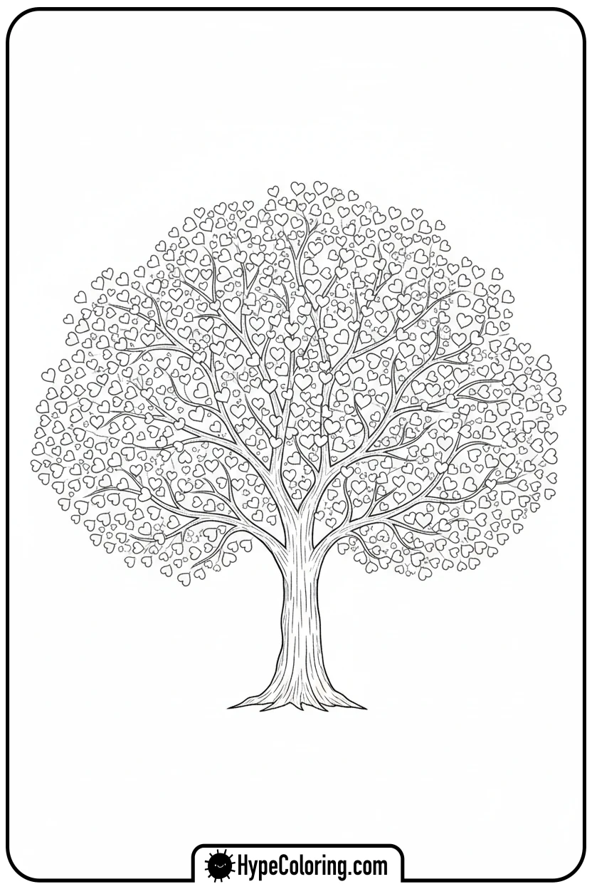 tree-with-heart-leaves - valentine coloring pages for adults