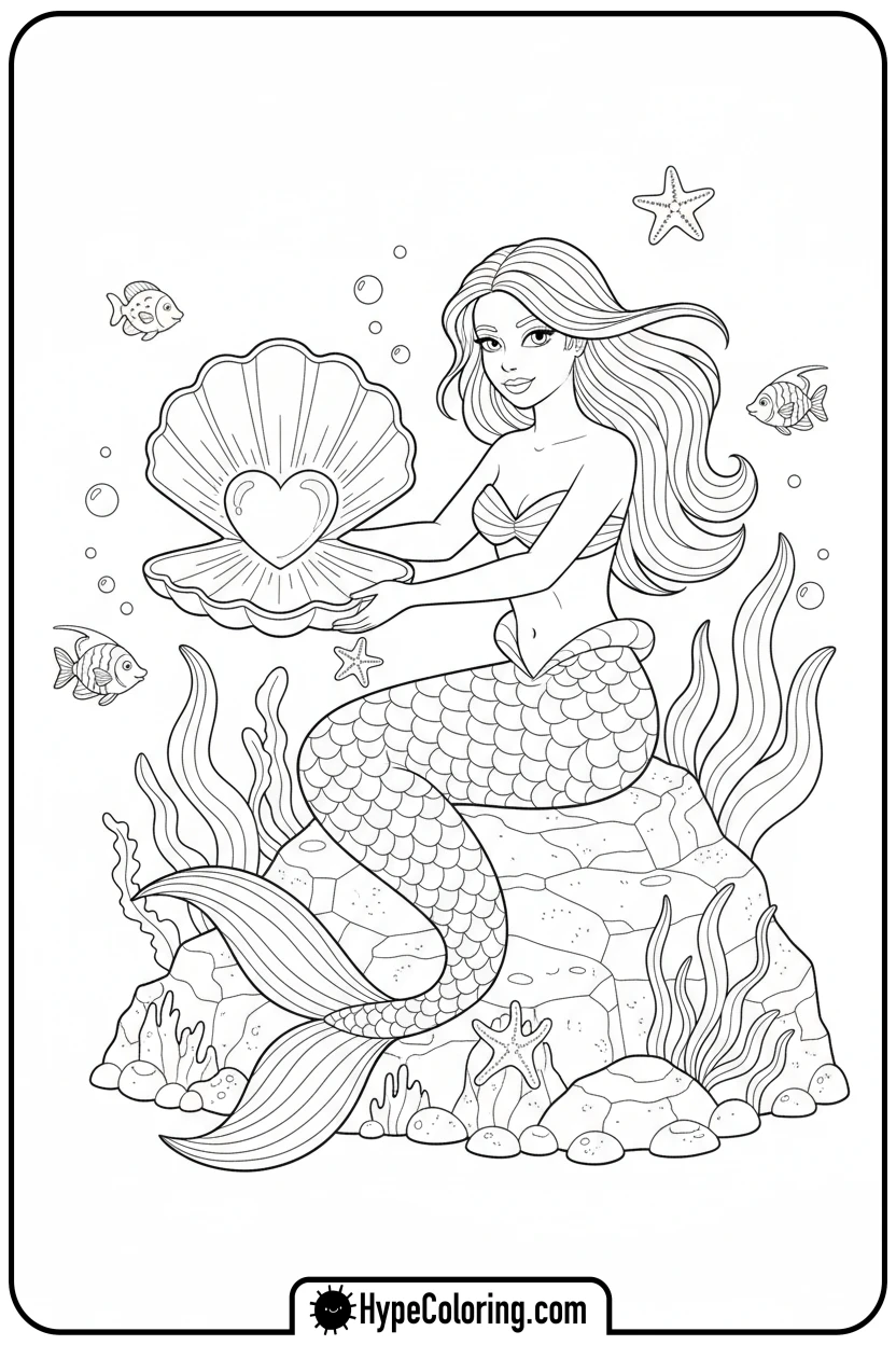 mermaid-with-heart-pearl - valentine coloring pages for adults