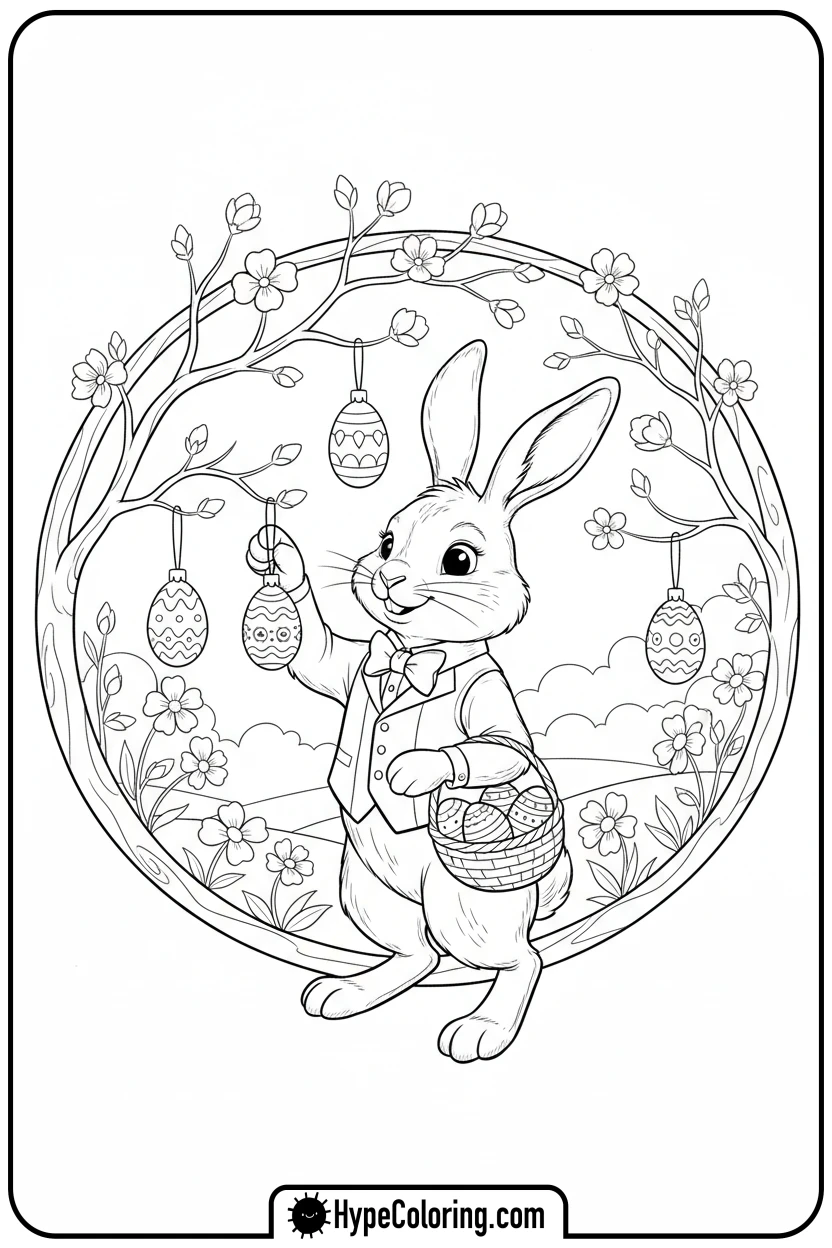 bunny-decorating-an-easter-tree - easter bunny coloring book pages