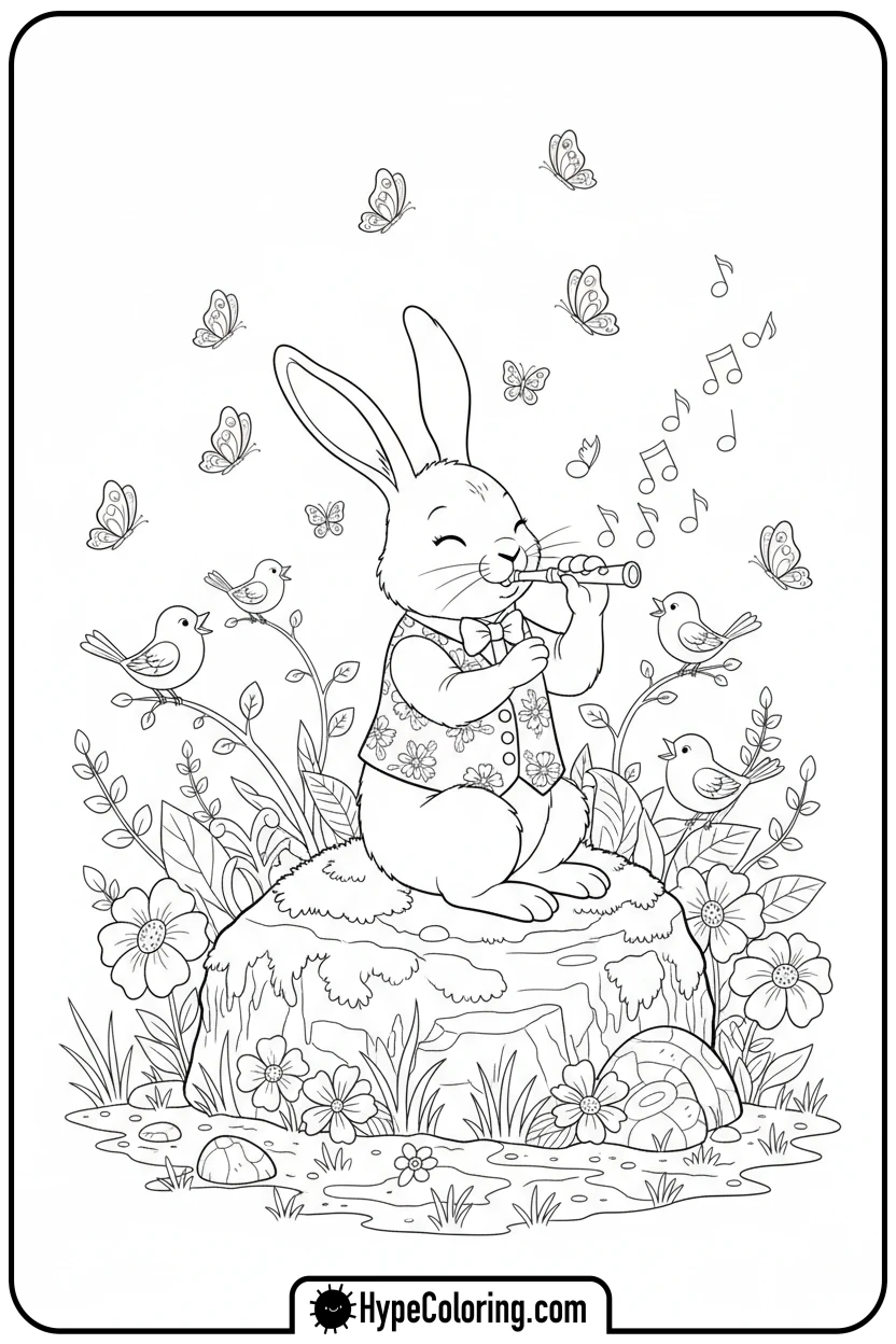 bunny-playing-a-flute - easter bunny coloring book pages