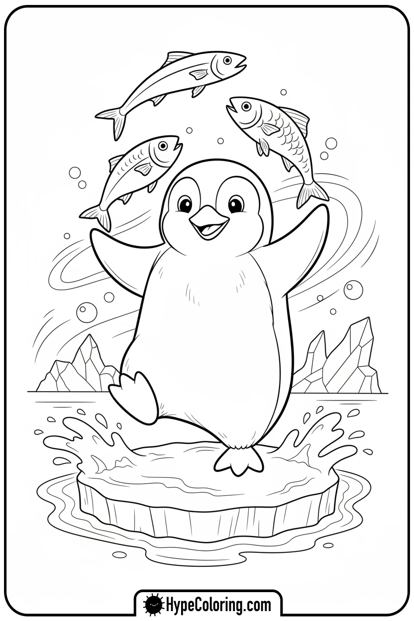 penguin-juggling-fish-on-ice - penguin coloring pages