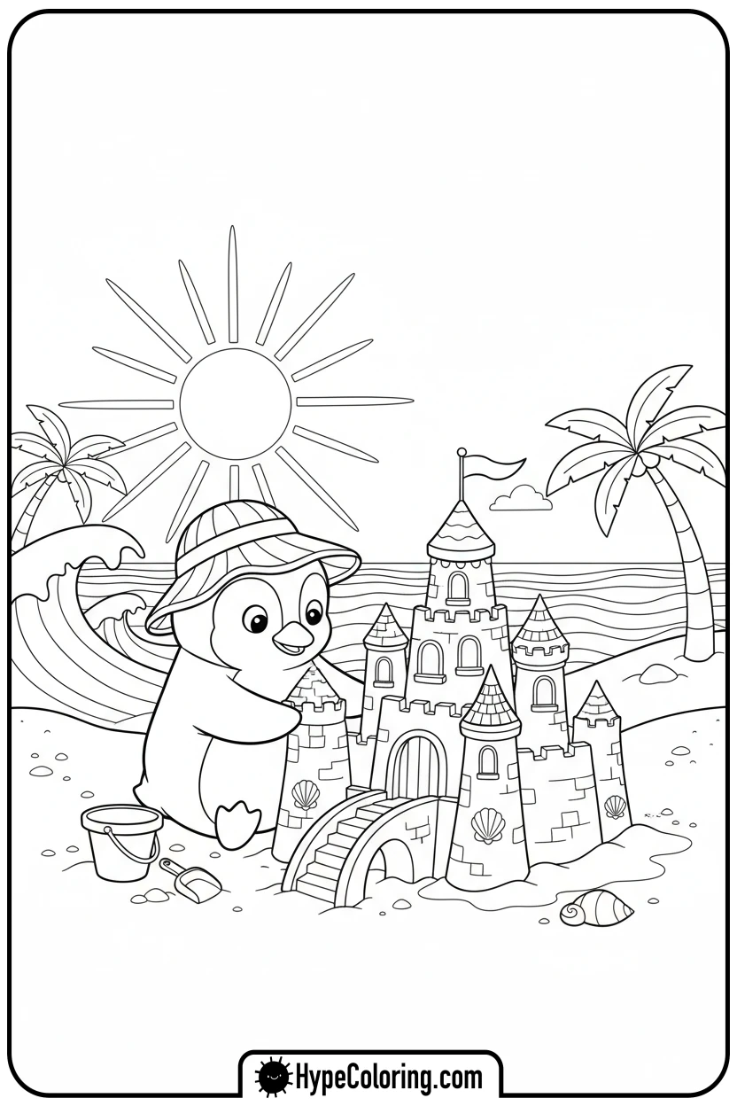 penguin-building-sandcastle-on-beach - penguin coloring pages