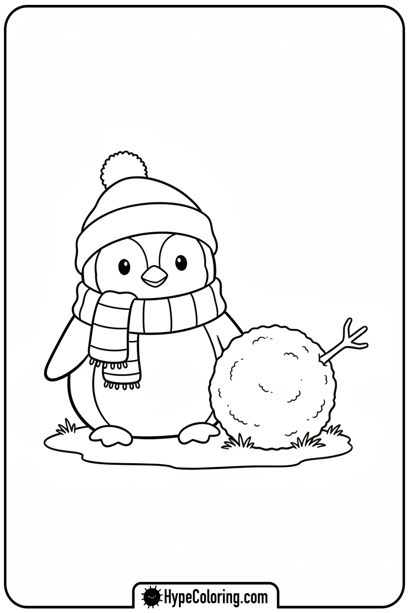 penguin-in-scarf-and-hat-with-snowball - penguin coloring pages