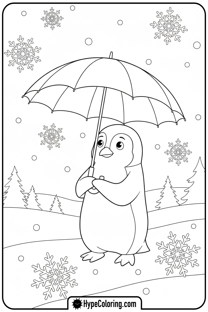 penguin-with-umbrella-in-falling-snow - penguin coloring pages