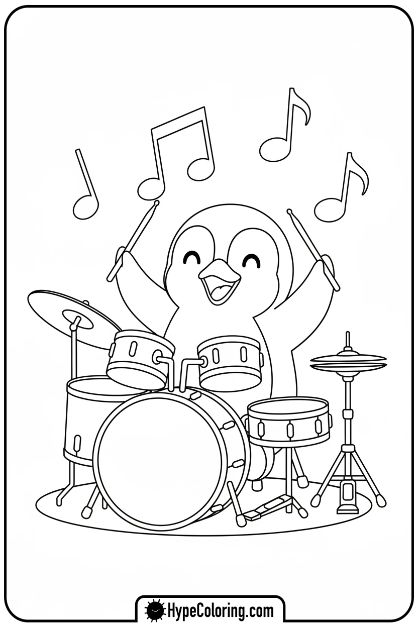 penguin-playing-drums-happily - penguin coloring pages