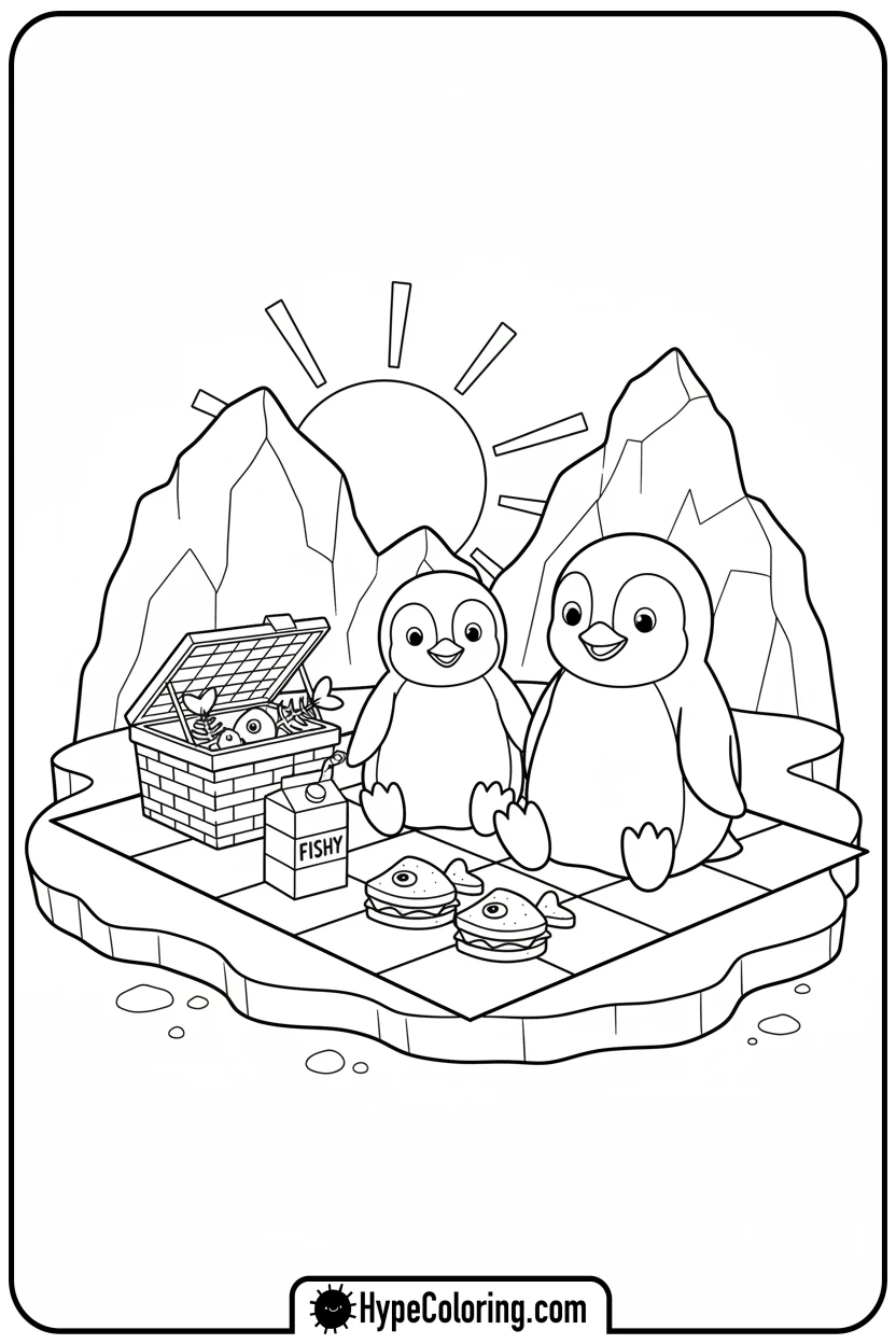 penguins-having-a-picnic-with-food - penguin coloring pages